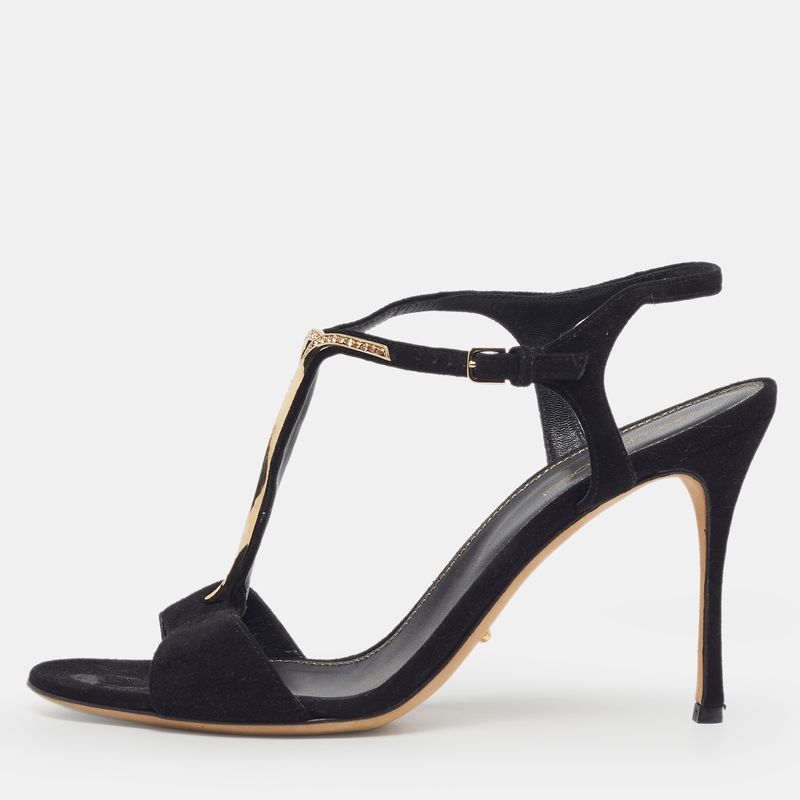 Sergio Rossi Size 38 Black/Metal Suede Ankle Strap Sandals